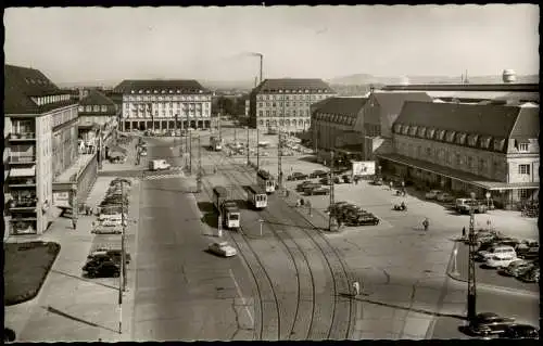 Ansichtskarte Karlsruhe Bahnhofsplatz, Straßenbahn - Fernblick 1963