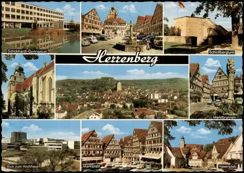 Herrenberg Mehrbild-AK Schickhardt-Gymnasium Schloßbergturm Stiftskirche 1968
