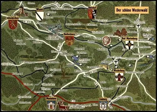 .Rheinland-Pfalz Westerwald  Landkarte (Maß) Region Hachenburg  Montabaur 1970