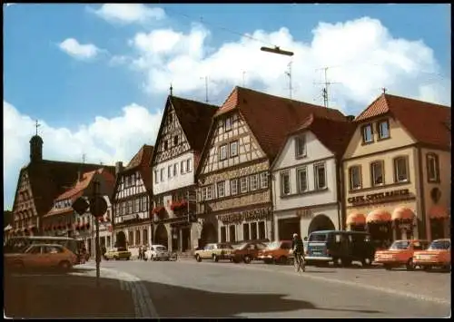 Ebern Ortspartie, Strasse Geschäften u. Gasthof, Autos u.a. BMW & VW Käfer 1970