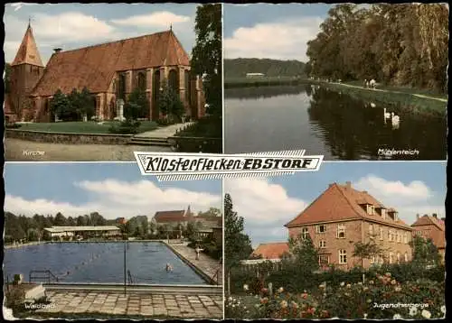 Ebstorf Mehrbild-AK mit Kirche, Mühlenteich, Freibad und Jugendherberge 1964