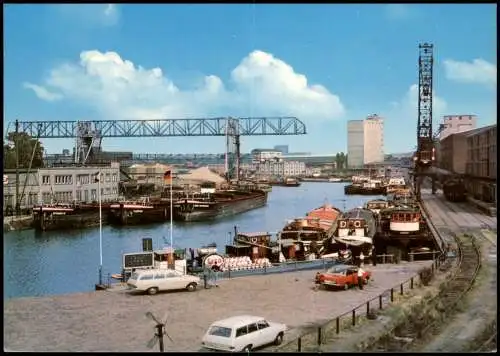 Ansichtskarte Dortmund Hafen, alte Autos, Frachschiffe, Kran-Anlagen 1970