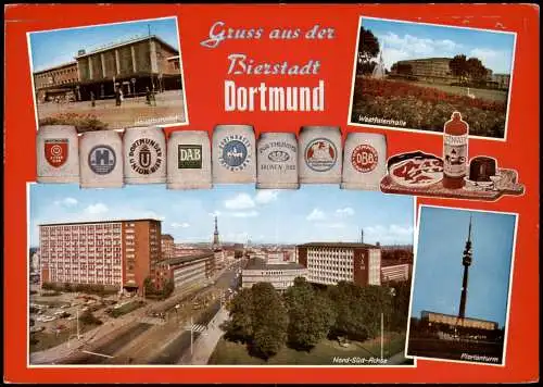 Dortmund Mehrbild-AK mit Bier-Steinkrügen, Stadtteilansichten Hauptbahnhof 1975