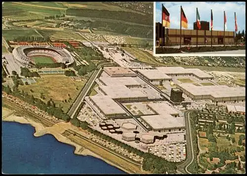 Düsseldorf Rhein-Stadion und Messegelände vom Flugzeug aus, Luftaufnahme 1970