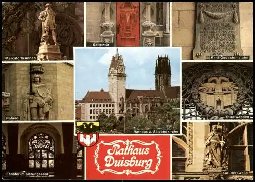 Ansichtskarte Duisburg Mehrbildkarte Figuren am Rathaus Mercatorbrunnen 1982
