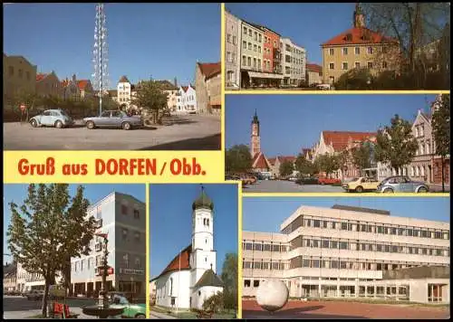 Dorfen Mehrbildkarte mit Ortsansichten, Häusern, Autos u.a. VW Käfer 1980