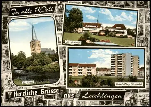 Leichlingen Mehrbild-AK mit Wohnsiedlung Büscherhof, Stadtpark, Kirche 1975