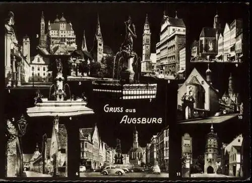 Ansichtskarte Augsburg Stadtteilansichten bei Nacht VW Käfer 1965