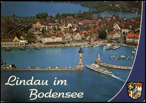 Lindau (Bodensee) Luftbild Einfahrt Hafen mit Schiff v. Flugzeug aus 1994