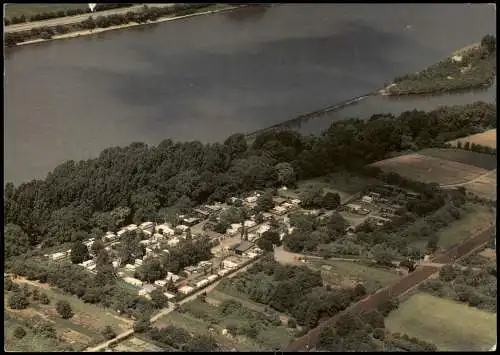 Leutesdorf am Rhein Campingplatz vom Flugzeug aus, Luftaufnahme 1990