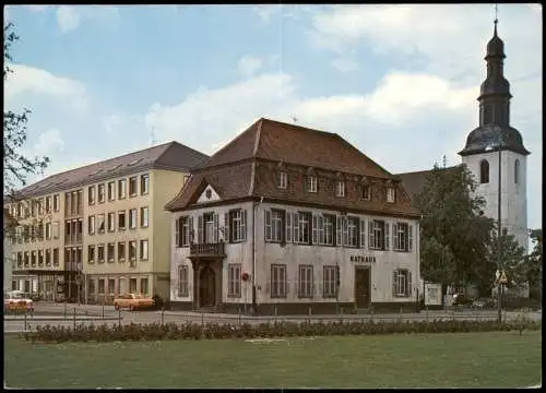 Lampertheim Straßen Partie Kirche, altes u. neues Stadthaus 1975