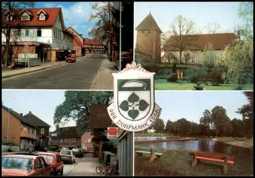 Dorfmark-Bad Fallingbostel Mehrbild-AK  Straßen, Kirche, Autos 1980
