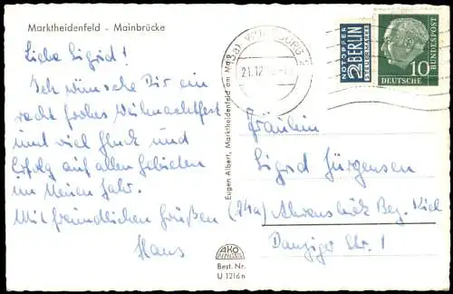 Ansichtskarte Marktheidenfeld Blick auf Stadt und Brücke 1954