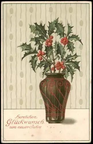 Ansichtskarte  Neujahr Sylvester New Year Vase mit Mistelzweigen 1917