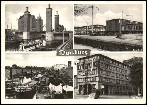 Ansichtskarte Duisburg Bahnhof Hebebrücke Hafen Stadthaus 1954