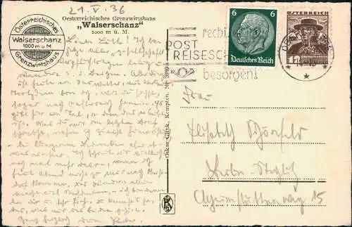 AK Riezlern Vorarlberg Grenzwirtshaus, Walserschanz 1936  Mischfrankatur