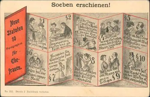 Ansichtskarte  Neue Statuten 10 Paragraphen für Ehefrauen. Scherzkarte 1916
