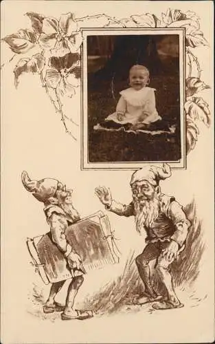 Ansichtskarte  Zwerge - Ornament, Kinderfoto 1914