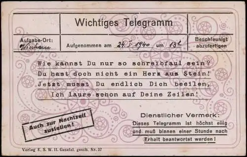 Ansichtskarte  Telegramm Ak 1940  gel Feldpost WK Diemstpost Böhmen Mähren Brünn