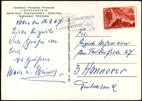 Postcard Vaduz Briefmarken-Ansichtskarte Schloss 1967