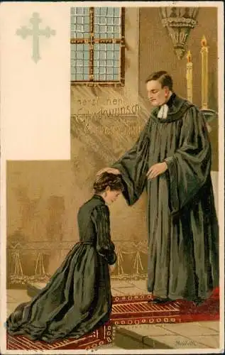 Glückwunsch - Konfirmation Mädchen wird gesegnet 1910 Goldrand