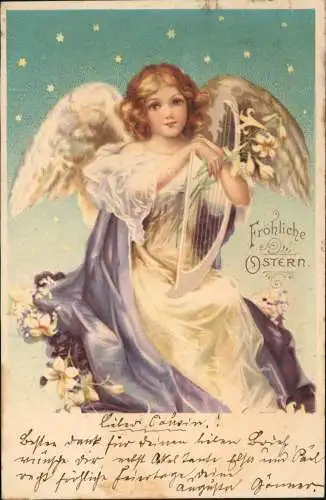 Ansichtskarte  Glückwunsch Ostern / Eastern Engel Angel mit Harfe 1902