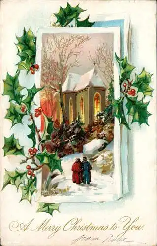 Weihnachten - Merry Christmas Kirchgang Mistelzweige USA 1907 Prägekarte