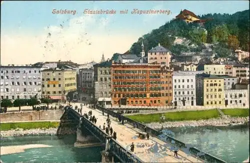 Salzburg Häuser Partie a.d. Staatsbrücke mit Kapuzinerberg 1910
