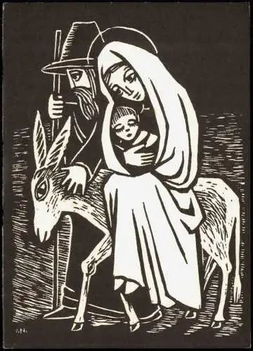 Ansichtskarte  Künstlerkarte Maria Jesus und Josef auf Esel Religion 1977