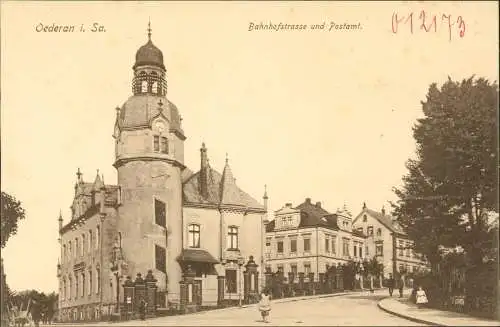 Ansichtskarte Oederan Bahnhofstrasse und Postamt. 1910