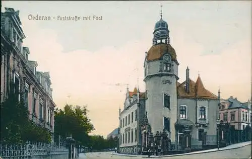 Ansichtskarte Oederan Poststraße mit Post 1930  gel. Bahnpoststempel