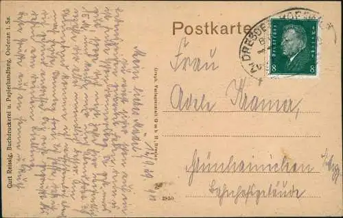 Ansichtskarte Oederan Poststraße mit Post 1930  gel. Bahnpoststempel