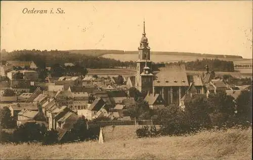 Ansichtskarte Oederan Stadtpartie mit Kirche 1924  gel. Bahnpoststempel Dresden - Hof