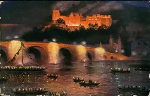 Ansichtskarte Heidelberg Schloßbeleuchtung. Boote mit Lampion 1916