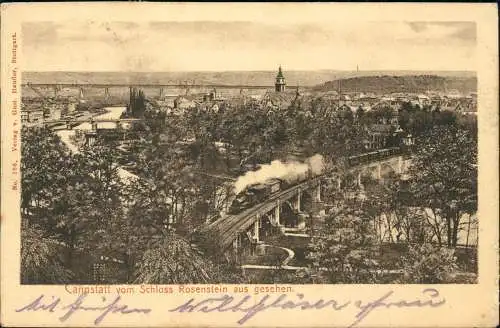 Cannstatt-Stuttgart vom Schloss Rosenstein aus gesehen. Dampflokomotive 1909