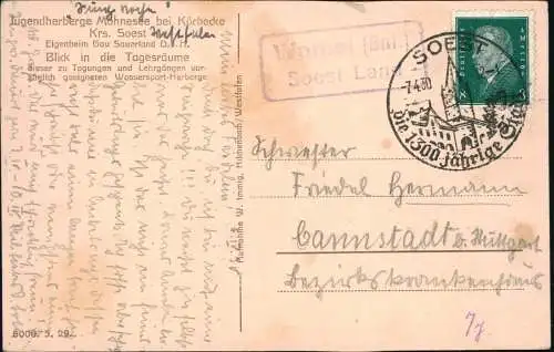 Körbecke (Möhnesee)  Speisesaal 1930  gel. Landpoststempel Wamel ü. Soest