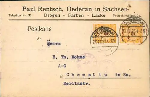 Ansichtskarte Oederan Werbe Drucksache Paul Rentsch 1923  gel Infla 5 Mrd+ 5 Mrd