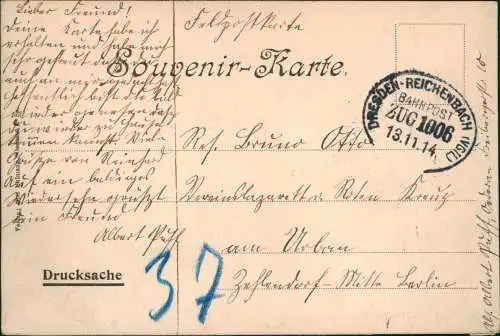 Ansichtskarte Oederan Stadtblick mit Fachwerkhäusern 1914  gel. Bahnpoststempel