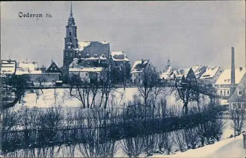 Ansichtskarte Oederan Stadtpartie im Winter - Blaudruck 1910