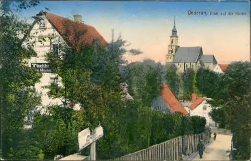 Ansichtskarte Oederan Tischlerei, Weg - Blick zur Kirche 1916
