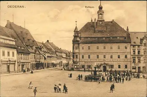 Ansichtskarte Oederan Marktplatz, Straße - Markttreiben 1915