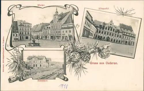 Ansichtskarte Oederan 3 Bild: Bahnhof, Altmarkt, Markt - Sachsen 1903