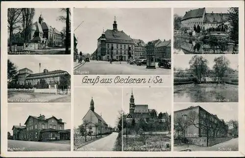Ansichtskarte Oederan MB: Nähfadenfabrik, Bahnhof, Schule, Ehrenmal 1942