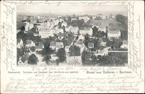 Oederan Totalansicht, Teichplan und Neustadt vom Kirchturm aus gesehen. 1905