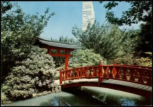 Ansichtskarte Leverkusen Japanischer Garten mit Bayer-Hochhaus 1970