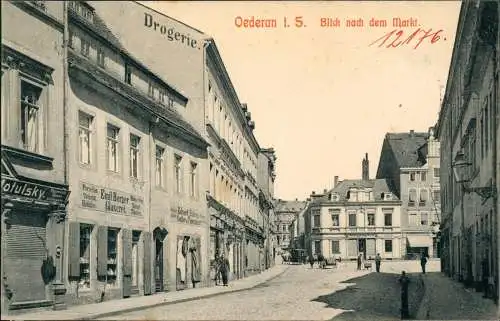 Oederan Blick nach dem Markt - Geschäfte (Drogerie, Glaserei) 1913