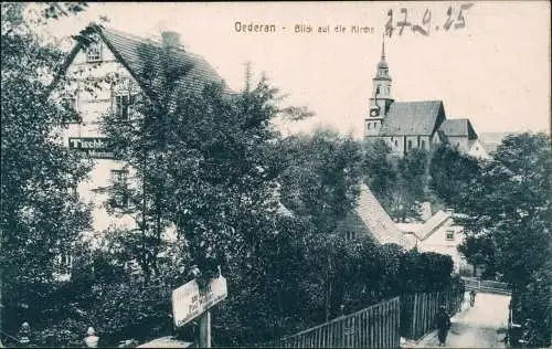 Ansichtskarte Oederan Tischlerei, Weg - Blick zur Kirche 1916