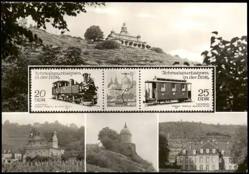 Radebeul DDR Mehrbildkarte mit der Traditionsbahn durch die Lößnitz 1982