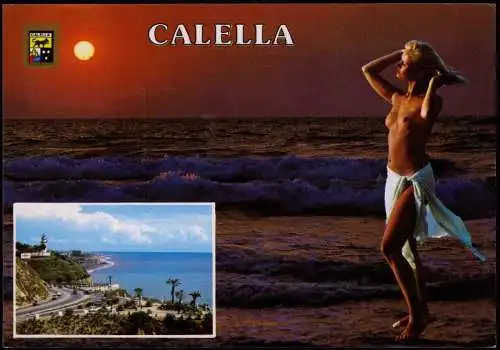 Postales Calella Strand-Ansicht, Ortsansicht, sexy nude girl 1987