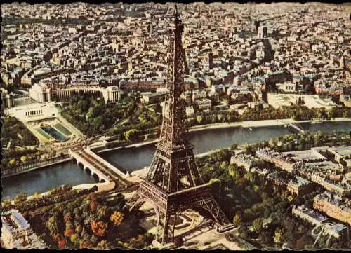 CPA Paris Eiffelturm Tour Eiffel v. Flugzeug aus, Luftaufnahme 1960